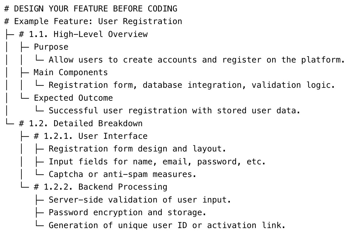 Example of a high level feature, broken into smaller pieces — in this case User Registration